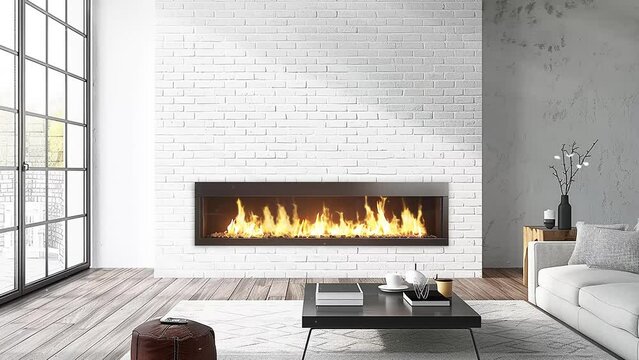 gas fireplace on white brick wall in bright empty living room. seamless looping overlay 4k virtual video animation background