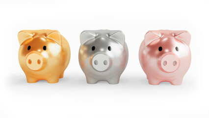 Gold, silver and bronze three piggy banks. 3d rendering.
