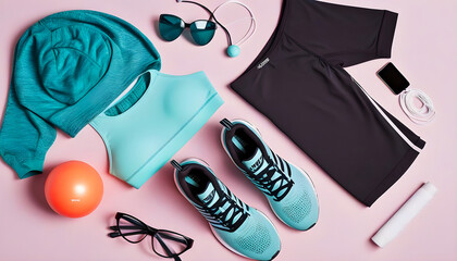 Isolated shot of variety of lady sportswear, flat lays, product photography,