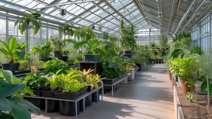 Greenhouse interior with diverse plant collection, sunny