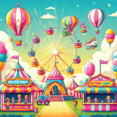 free vector A bright and cheerful spring carnival with rides, games, and cotton candy stands under a sunny sky