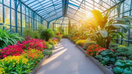 Sunlit glasshouse with vibrant flowers along a serene path