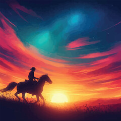 feee vector silhouette of a cowboy riding into the sunset, c4d, dreamy and optimistic, vibrant sky