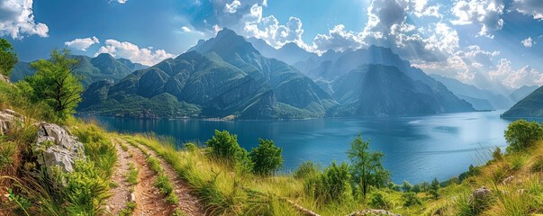 Touristic trail in the mountains near the lake