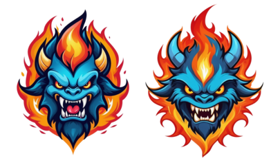two illustrations of a demon's head on fire, concept art, bulldog mascot, blue fireball, demon-fang gnoll, orange and cyan paint decals