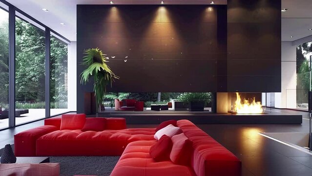 modern interior with red sofas and fireplace. seamless looping overlay 4k virtual video animation background