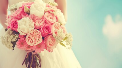 Close-up of a bride holding a bouquet with various pink flowers