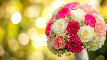 Vibrant wedding bouquet against bokeh