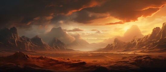 The painting depicts a vivid sunset in a desert setting, with the sky ablaze in warm orange and red hues. In the foreground, a vast expanse of sand dunes stretches towards rocky, rugged mountains