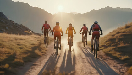 Group of friends riding mountain bikes, good health concept. - obrazy, fototapety, plakaty