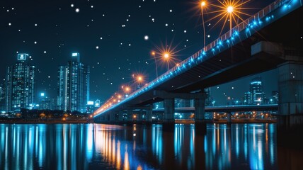 A night scene of a cityscape with a brightly lit bridge reflecting on the water