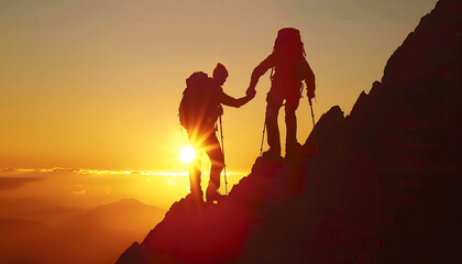 Two young boy climbing mountain helping to each others , sky and sun light background