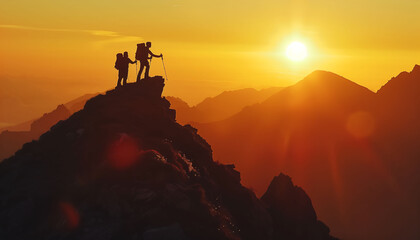 Two young boy climbing mountain helping to each others , sky and sun light background