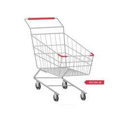 empty shopping cart steel side view on a white background for designing various shopping promotions, vector 3d isolated for advertising