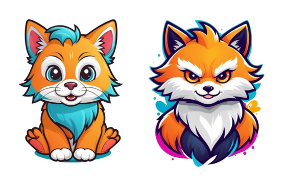 a couple of cartoon foxes sitting next to each other, vector art, furry art, split screen, mascot, orange and cyan paint decals, cat design