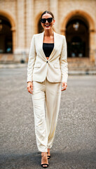 Fototapeta premium photo of beautiful european woman with beige suit and white crop top at street cafe in france, generative AI