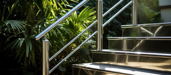 The image showcases a close-up view of a chrome steel handrail attached to an outdoor staircase,...