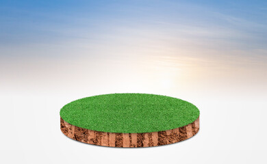 3D Render Illustration. cubical soil land cross section with green grass on blue sky