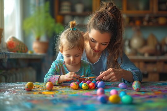 Adult female with long hair teaches young child with sparkling top to paint vibrant eggs on messy table filled with colorful splashes. sequined shirt in art of decorating Easter eggs,