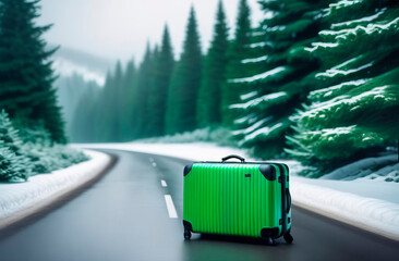 Green suitcase against the backdrop of snowy road with fir trees