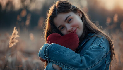 woman holding a red heart-shaped pillow with love.