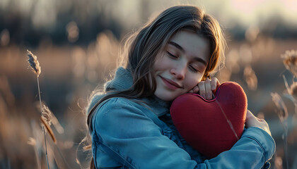 woman holding a red heart-shaped pillow with love.