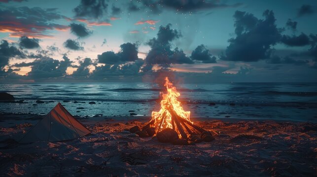 Beach Bonfire, Atmospheric images of beach bonfires surrounded by friends sharing stories and roasting marshmallows evoke a sense of warmth and camaraderie