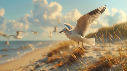 Seagulls on Beach, Picturesque scenes featuring seagulls soaring overhead or congregating on sandy beaches