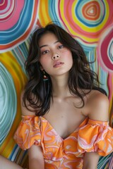 Fashionable Young Woman Posing in Vibrant Orange Dress Against Colorful Swirl Background, Artistic Portrait