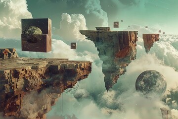 A dreamlike scene featuring floating landmasses and cubes amidst a cloudy sky, with gravity seemingly flipped, evoking a sense of otherworldly wonder. Generative AI - obrazy, fototapety, plakaty