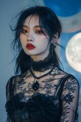 Mysterious Gothic Woman with Dark Makeup and Moon Background in Ethereal Blue Lighting