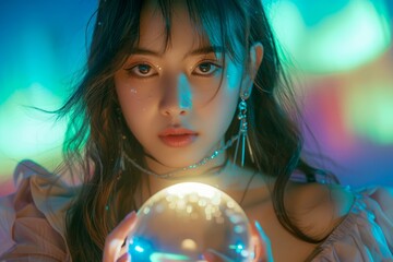 Naklejka premium Enigmatic Young Woman Holding a Crystal Ball with Colorful Neon Lights in the Background