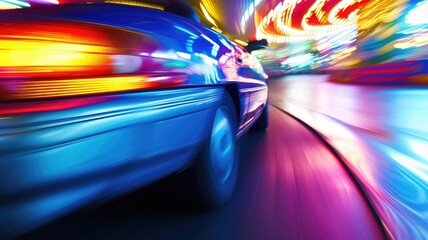 A dynamic amusement park ride captured at night with motion blur and bright colors