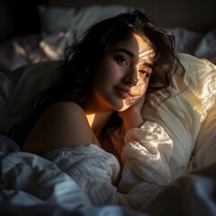 A women wakes up happily after a good night's sleep and the sun shines on her face