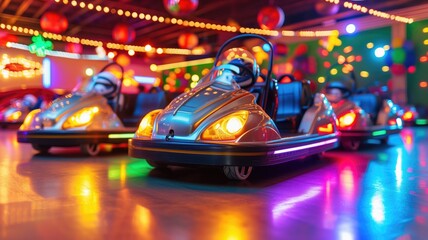 Bumper cars glow under vibrant neon lights, inviting a funfair's playful night