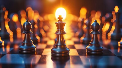 Strategic chessboard setup highlighting a king with a glowing backdrop - obrazy, fototapety, plakaty