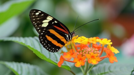 Fototapeta na wymiar Vibrant butterfly on orange flowers against a green background