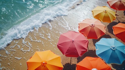 Beach Umbrellas, Colorful beach umbrellas dotting sandy shores provide shade and add a festive touch to beach scenes