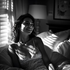 A women wakes up happily after a good night's sleep and the sun shines on her face