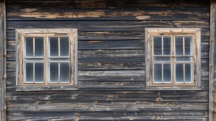 Fototapeta na wymiar Vintage wooden wall with two windows, reflecting traditional log construction
