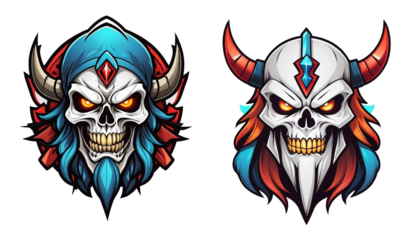 two illustrations of a skull with horns and a demon's head, vector art, game icon asset, colorful character faces, viking warrior illustration, patch logo design