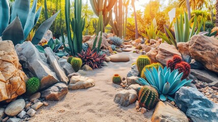 A diverse cactus garden thrives in a rocky desert landscape - obrazy, fototapety, plakaty