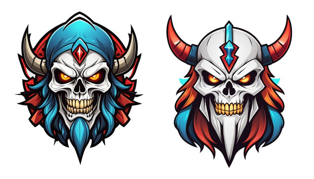 two illustrations of a skull with horns and a demon's head, vector art, game icon asset, colorful character faces, viking warrior illustration, patch logo design
