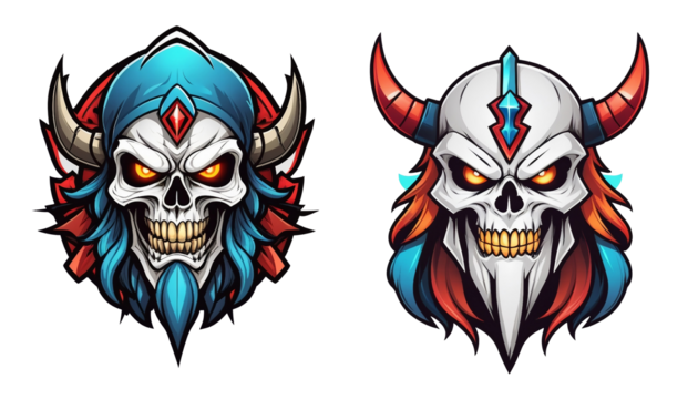 two illustrations of a skull with horns and a demon's head, vector art, game icon asset, colorful character faces, viking warrior illustration, patch logo design