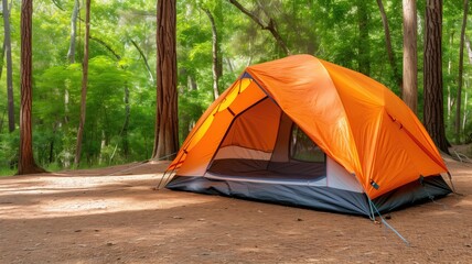 Orange tent among towering trees on a serene forest floor
