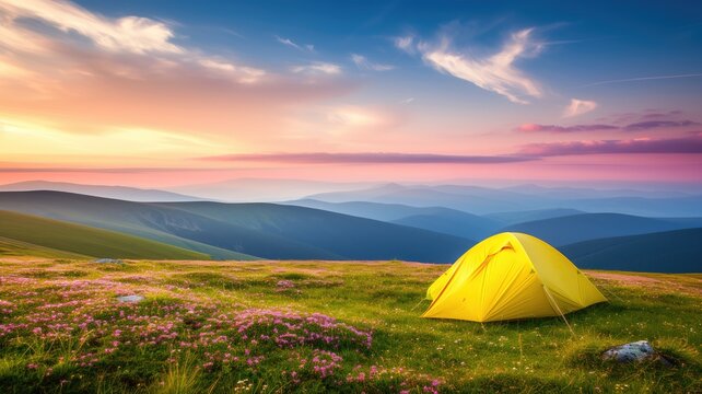 A yellow tent perches on a mountain amidst purple flowers at sunset, with expansive views