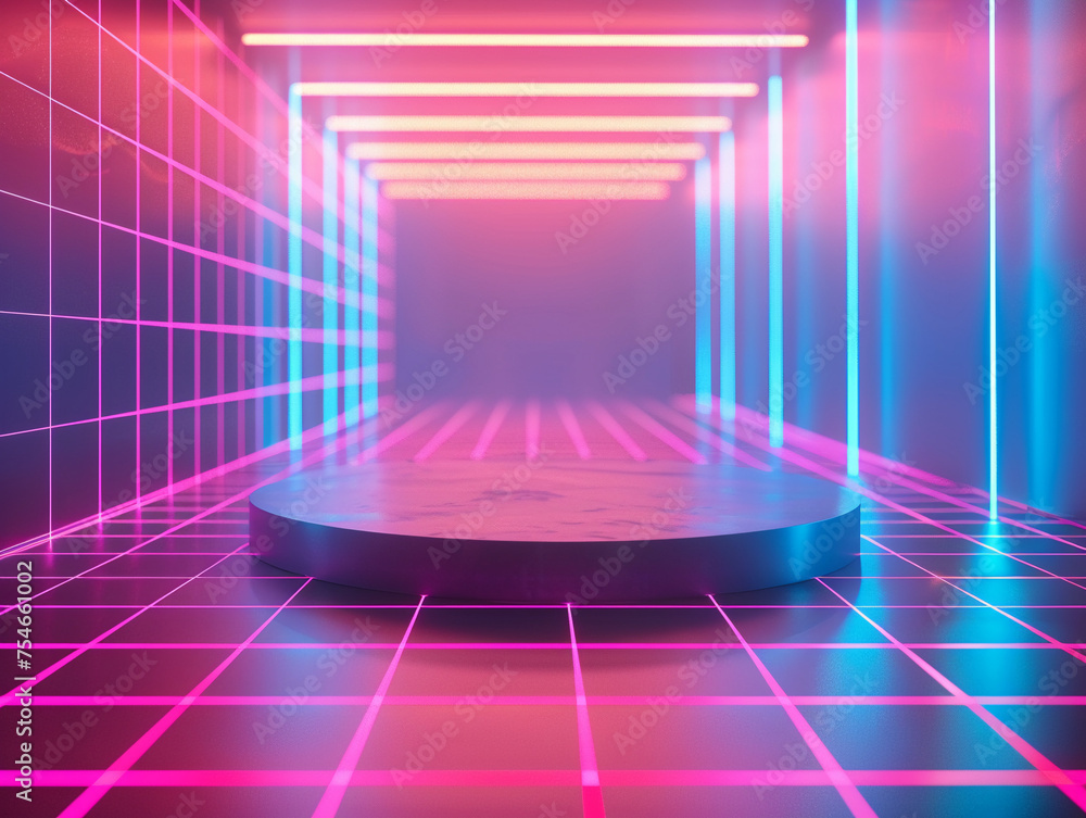 Poster 3d render of an abstract-shaped podium within a neon grid environment