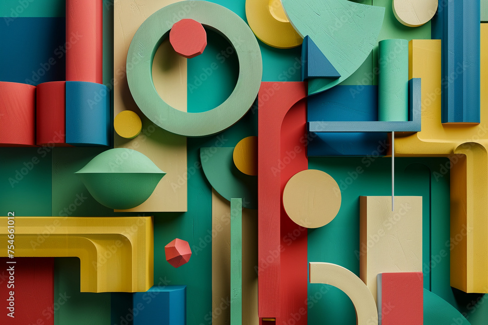 Poster a 3d model of a series of abstract interlocking shapes that create a sense of balance and tension