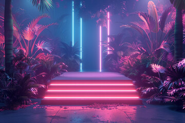 3D render of an elevated podium reached by neon-lit steps