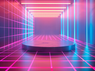 3D render of an abstract-shaped podium within a neon grid environment